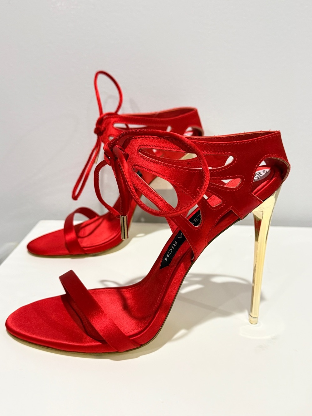 Jessica Rich So Expensive Red Satin Lace Up Heels 8.5